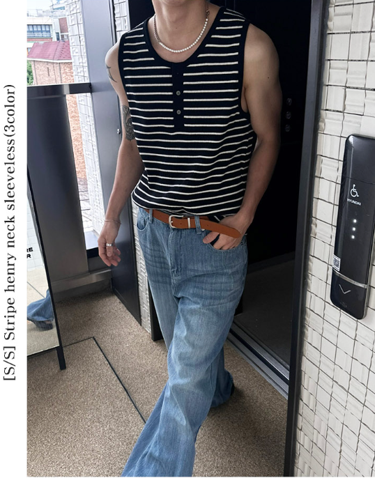 [S/S] Stripe henry neck sleeveless(3color)