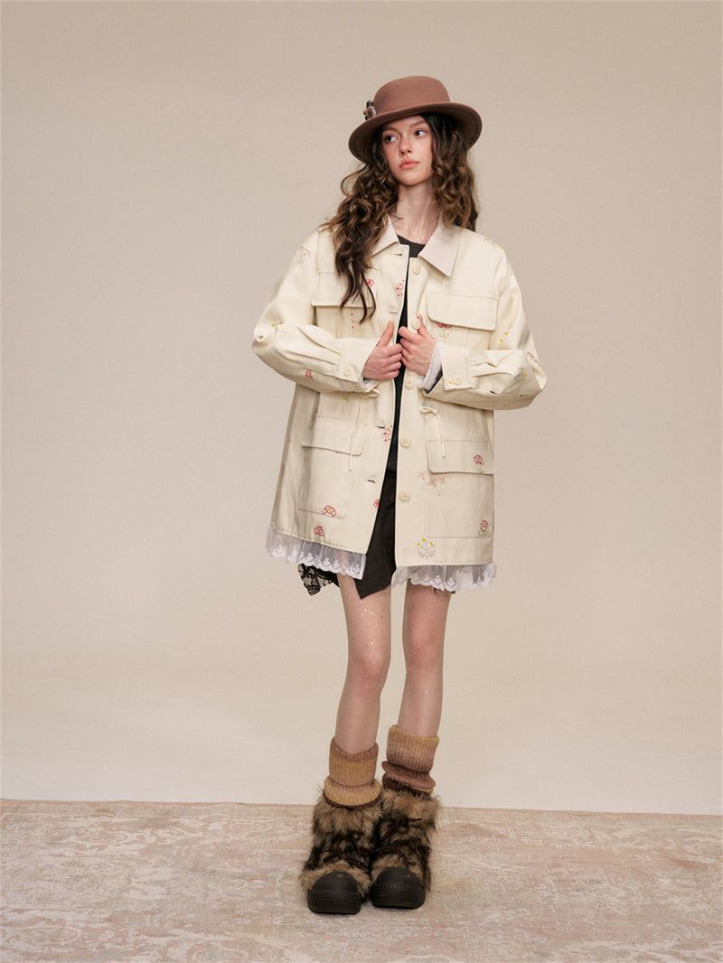 Floral Embroidery Cotton Cargo Jacket