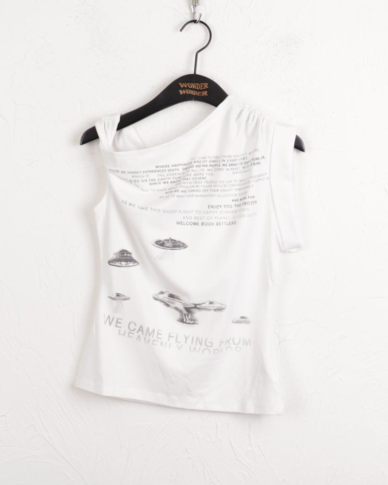 pebbled hip lettering unbalanced sleeve sleeveless