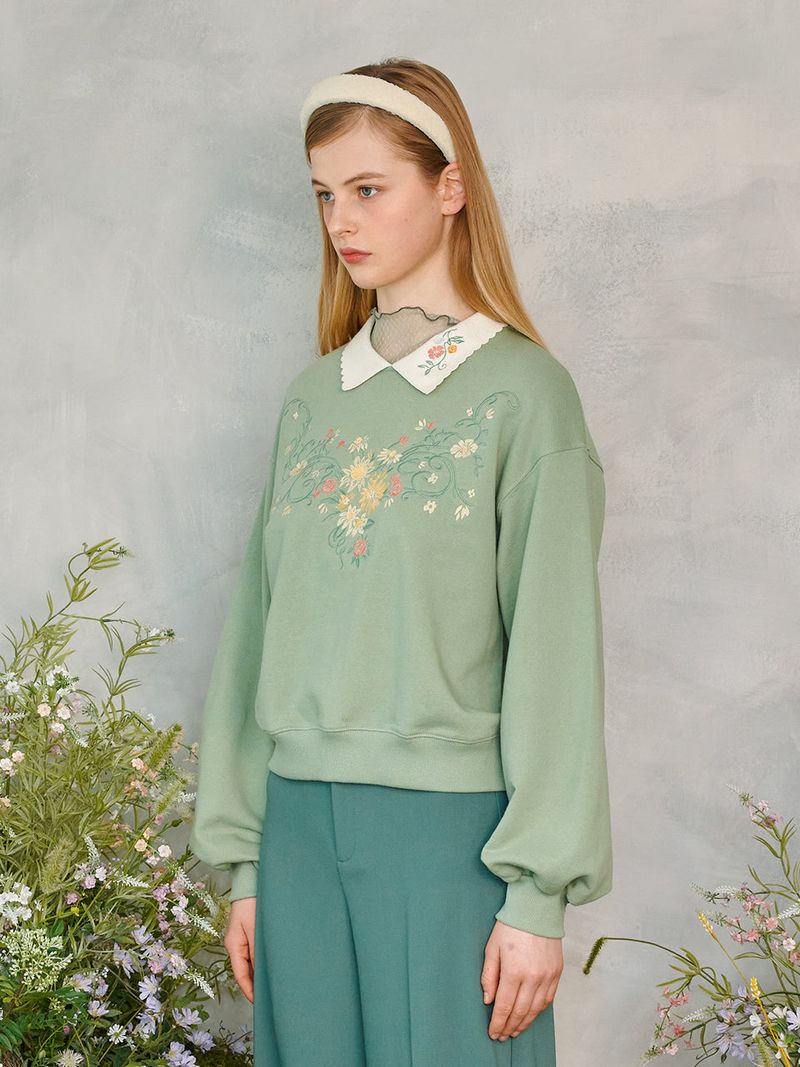 Flower Embroidered Collar Sweatshirt