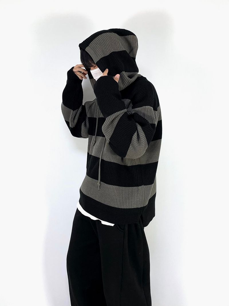 Stripe Warmer Hood-Knitwear