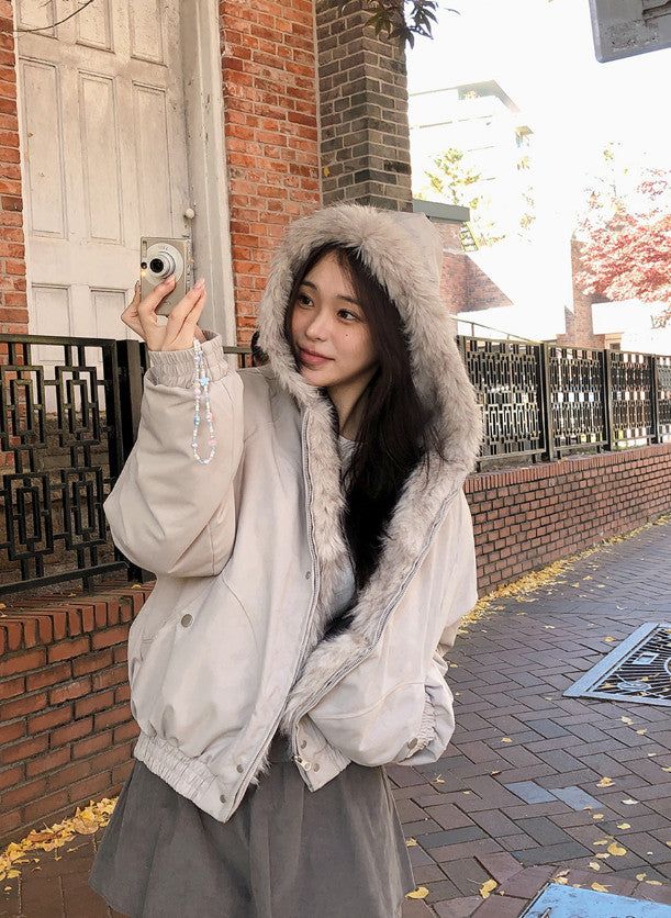 #Fur Hood Crop Zip-up Jumper (2color)