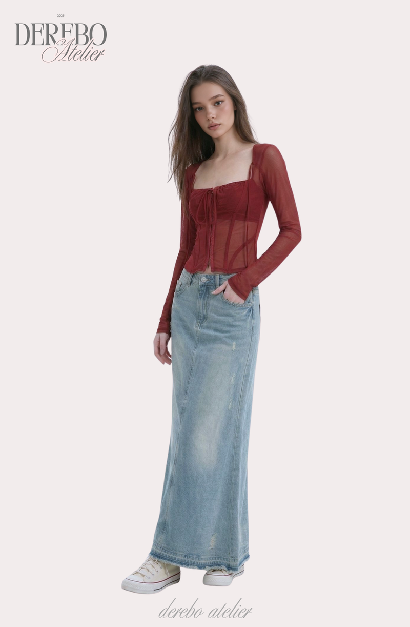 red square chiffon long-sleeve blouse
