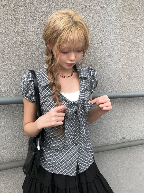 Ession Ribbon Puff V-Neck Check Shirt