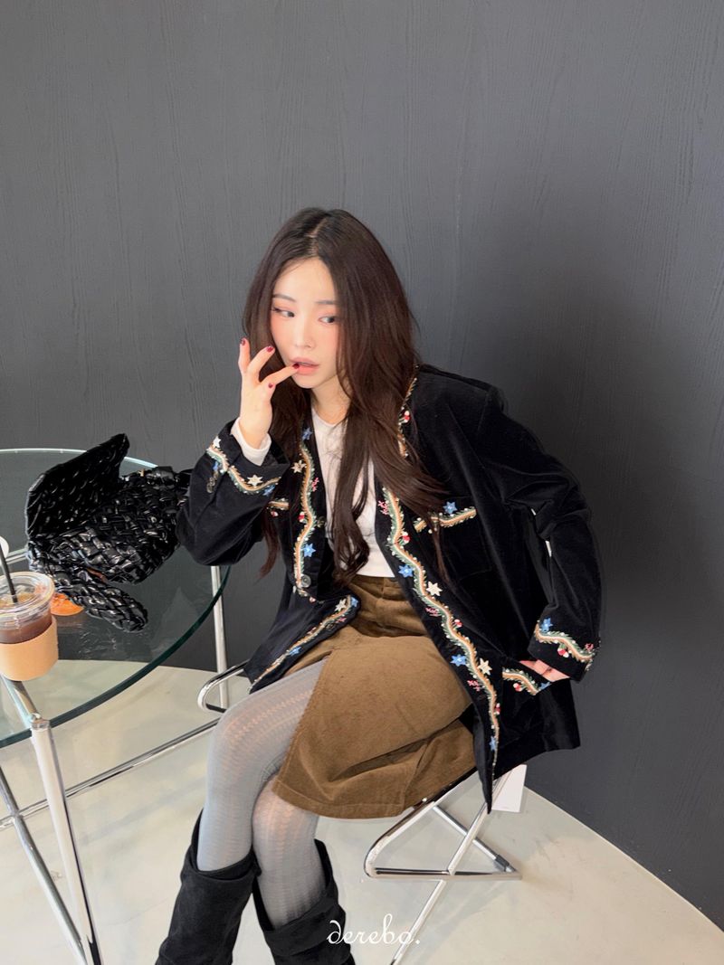 French velvet embroidered no collar jacket