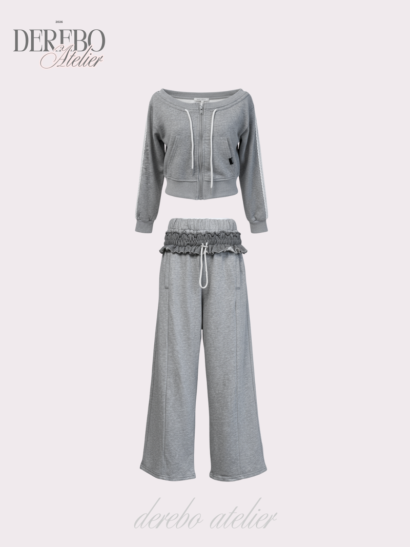 Grey off-shoulder zip-up frill training setup (SET)