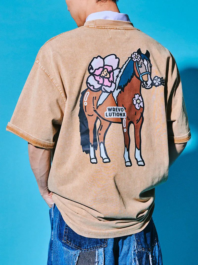 WREVOLUTIONX by WooLeeX（レボリューションエックス バイ ウーリーエックス）の「Sakura Animals Khaki Denim Washed T-Shirt (Steed)（Tops）」