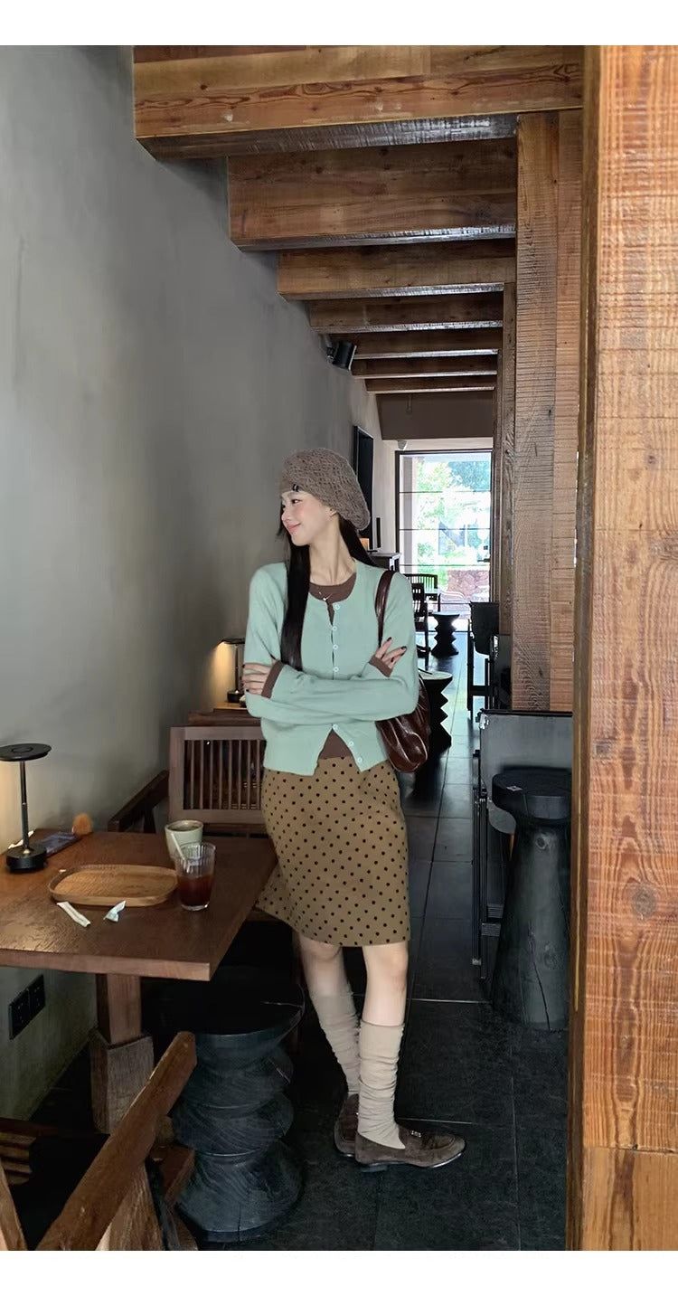 camel brown wool dot midi skirt