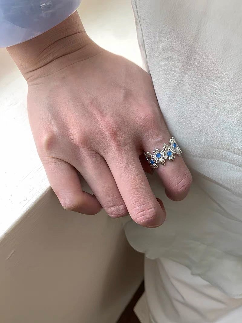 Blue flower silver open ring