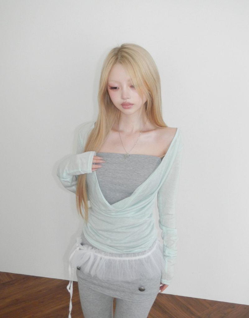 pleats mesh shirrin  top(3 color) 