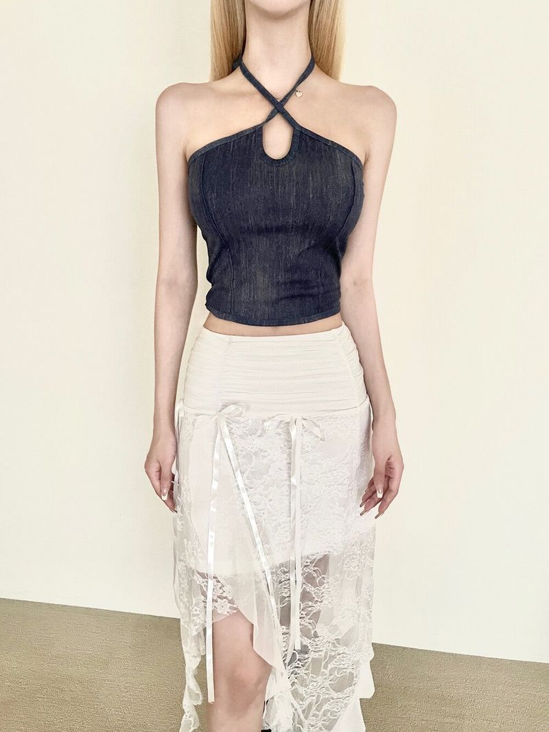 1371. Denim halter strap top (2color)