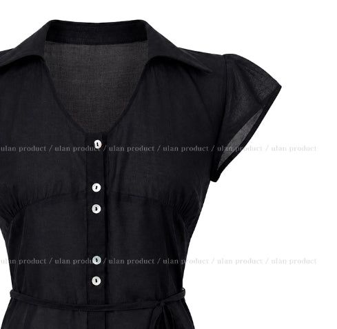 Rib Unbalanced Button Sheer Blouse
