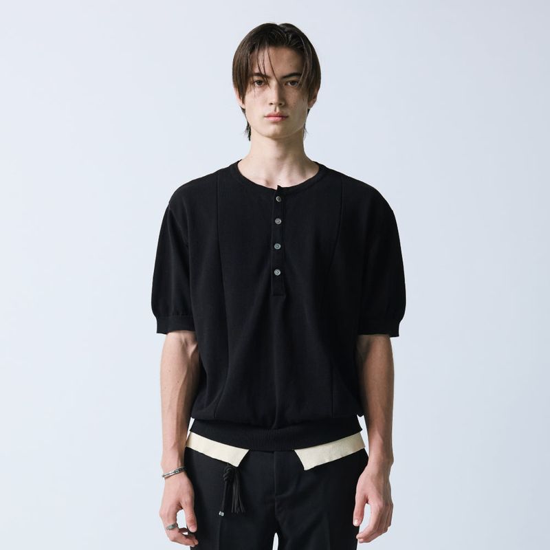 unveil henley neck layerd knit black