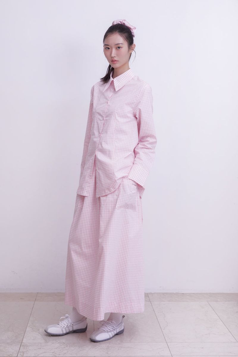 Gingham check pocket shirring Long skirt (PINK)
