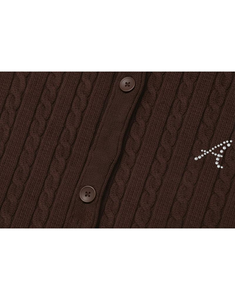 Elodie Silk Collar Cable Knit Cardigan Brown