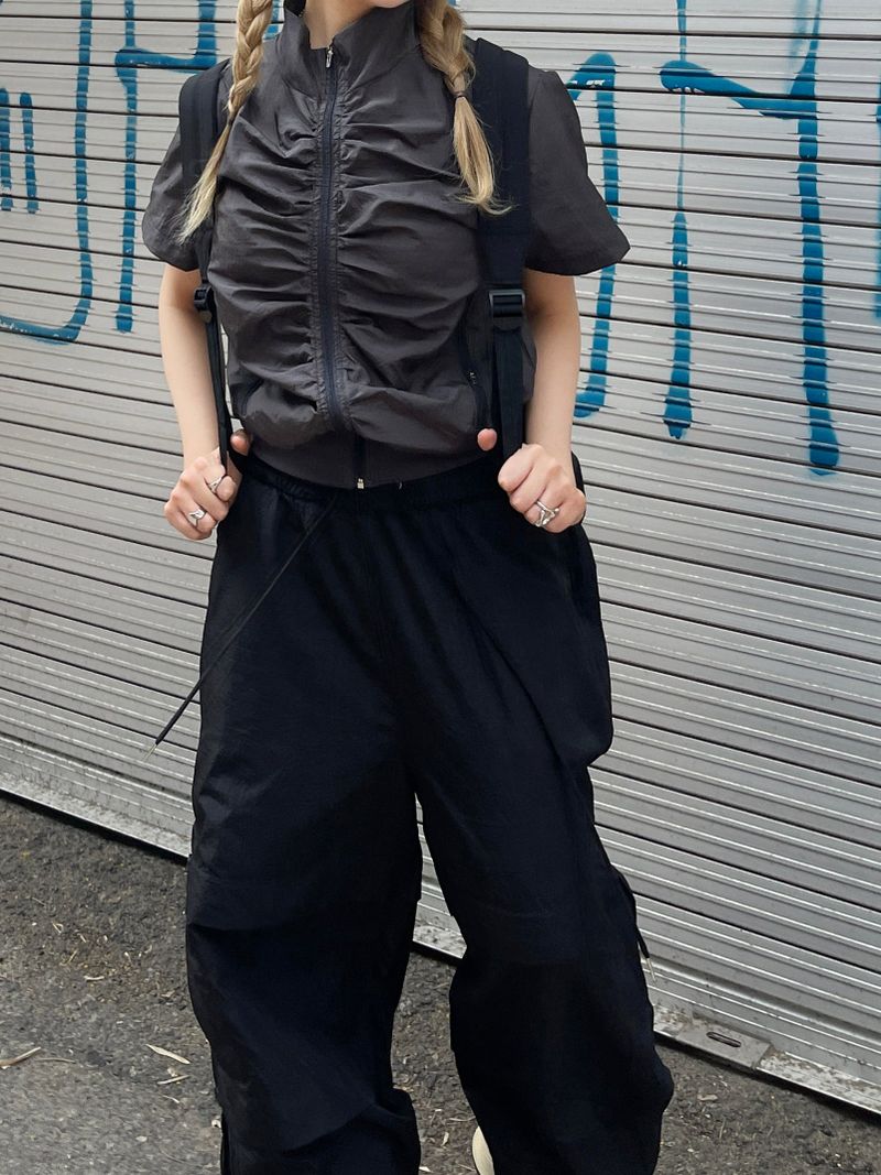 Wind high neck shirring short-sleeved jumper