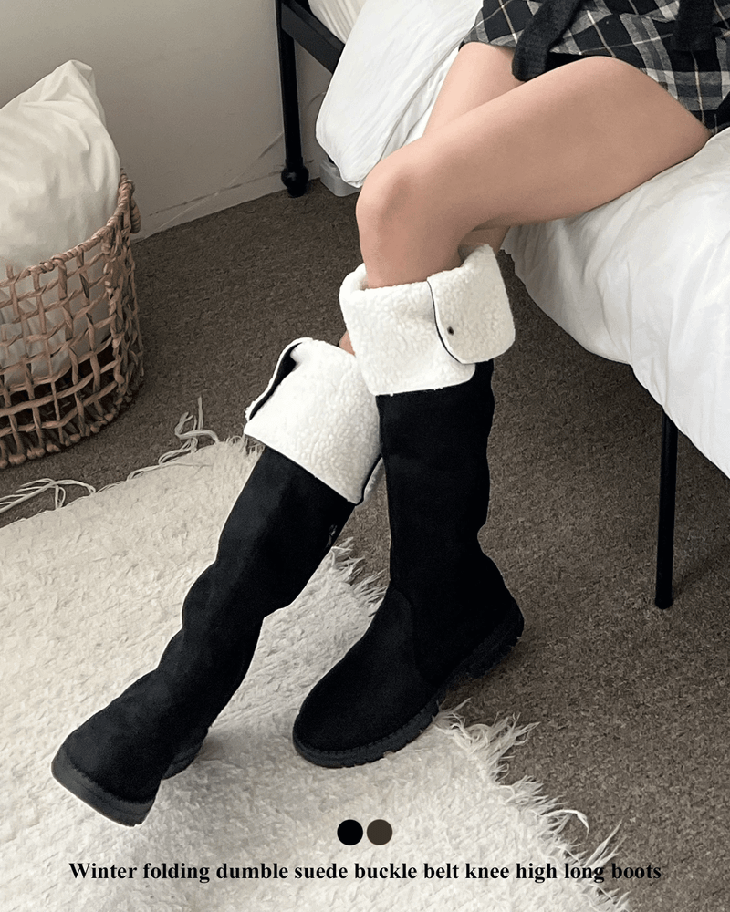 GUSTA（グスタ）の「Winter folding dumble suede buckle belt knee high long boots (2 colors)（Shoes）」