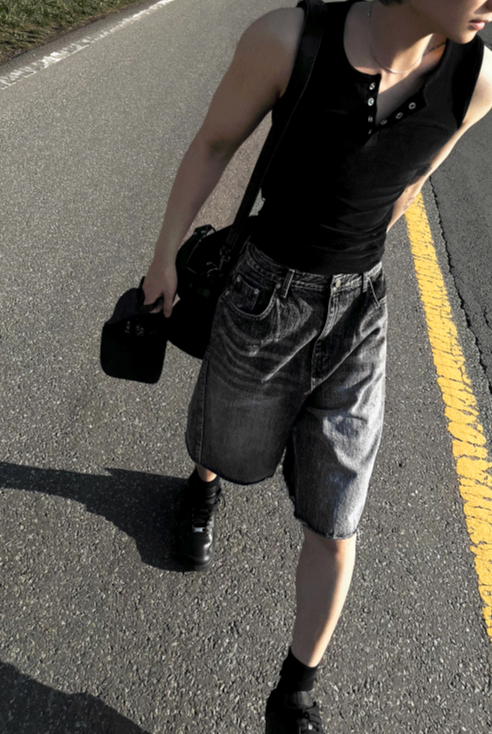 Black Washed Denim Bermuda Shorts Pants