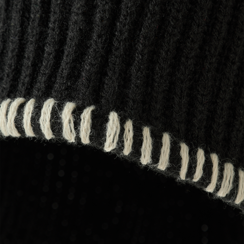 Contrast Stitch Earflap Knit Beanie - BLACK