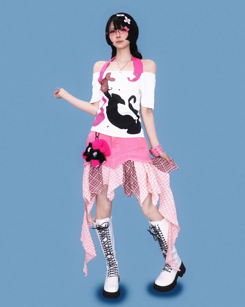 pink unbalanced ragged skirt