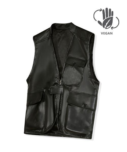 87-STAN024 [Vegan Leather] Multi Pocket Leather Vest Black