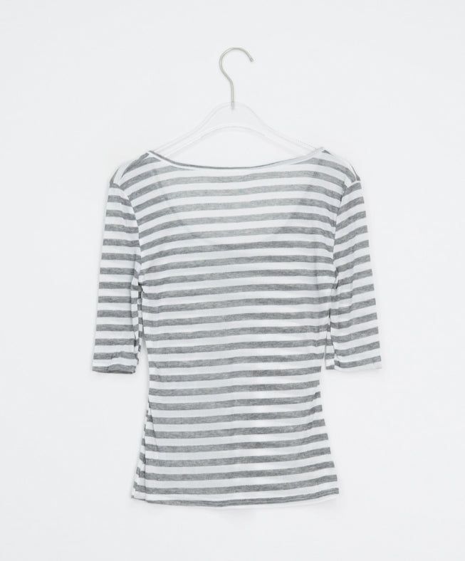 Yoka Stripe U-neck Layered Three Quarter Tee