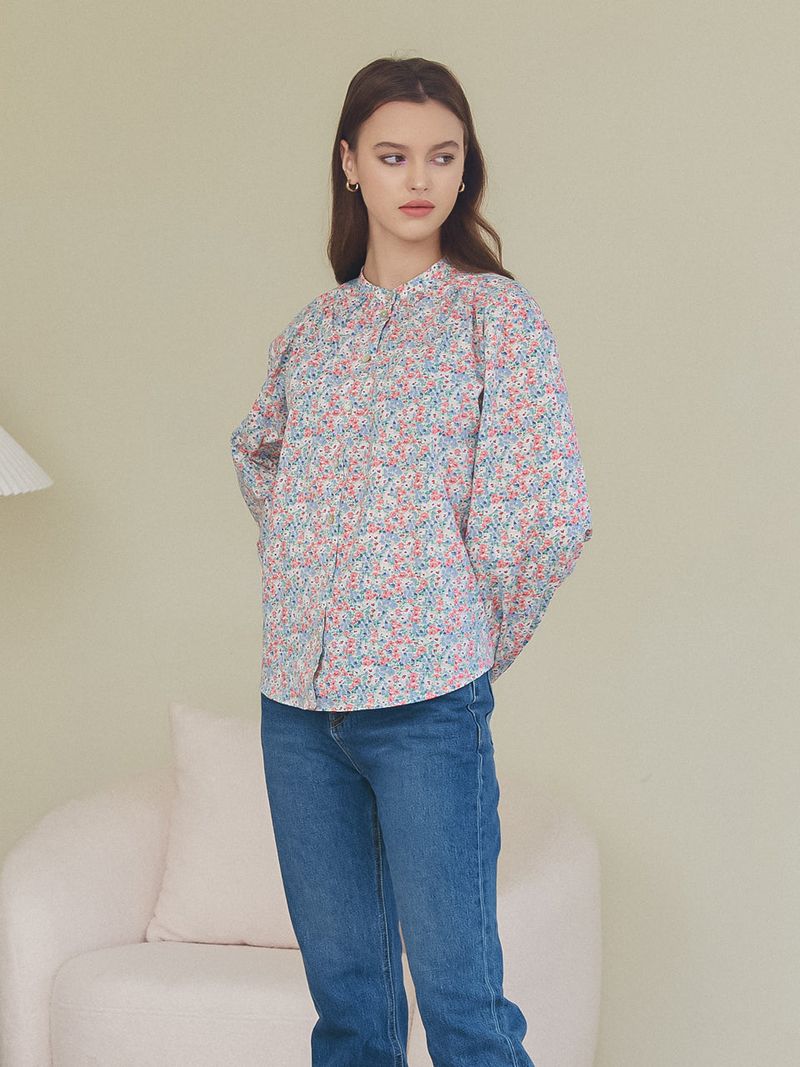 HENRY NECK SHIRRING BLOUSE_FLOWER