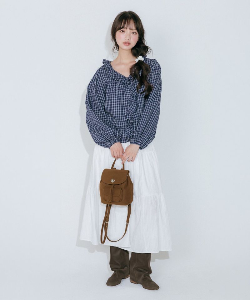 FRILL NECK CHECK BLOUSE (NAVY)