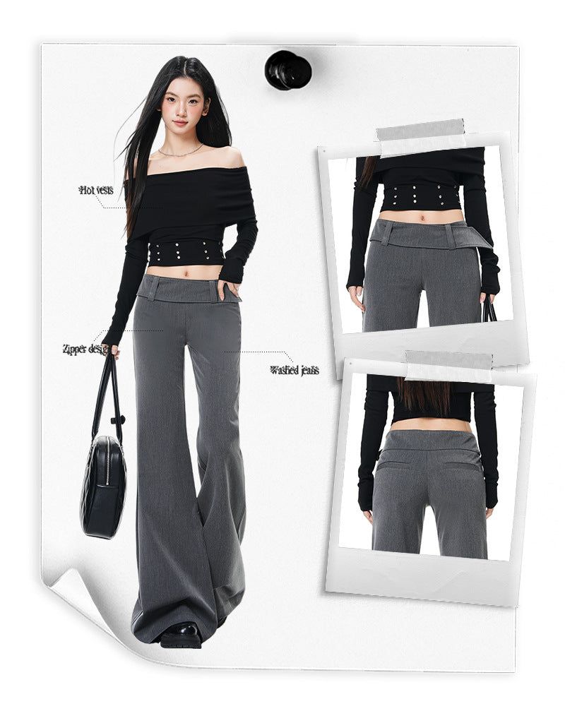 French Low-Waist Micro Flare Slacks – Tailored Slim Wide Casual Pants