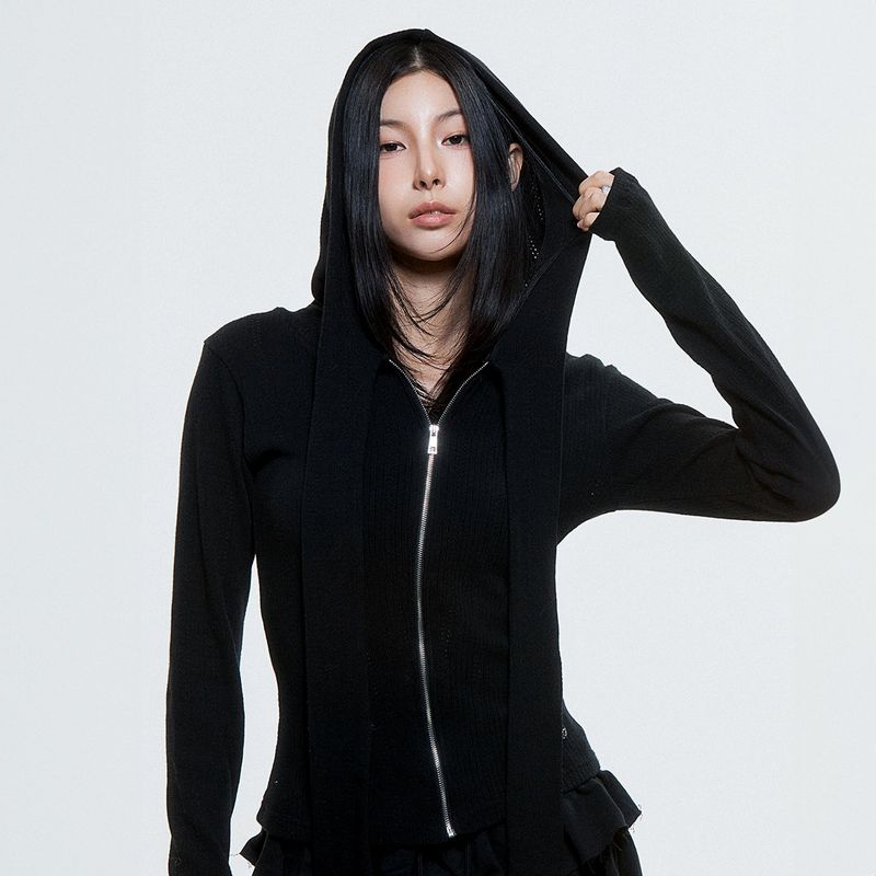 DAUSPICE(DUC)（ダウスピス）の「(DUC) Muffler Knit Hoodie Zip-up Black（Tops）」
