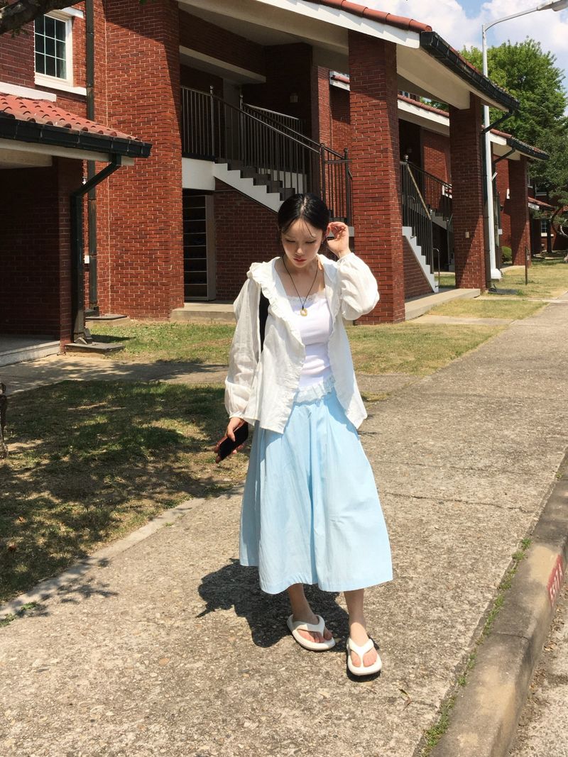 Button Minimal Pin-tuck Sagging Skirt (3c)