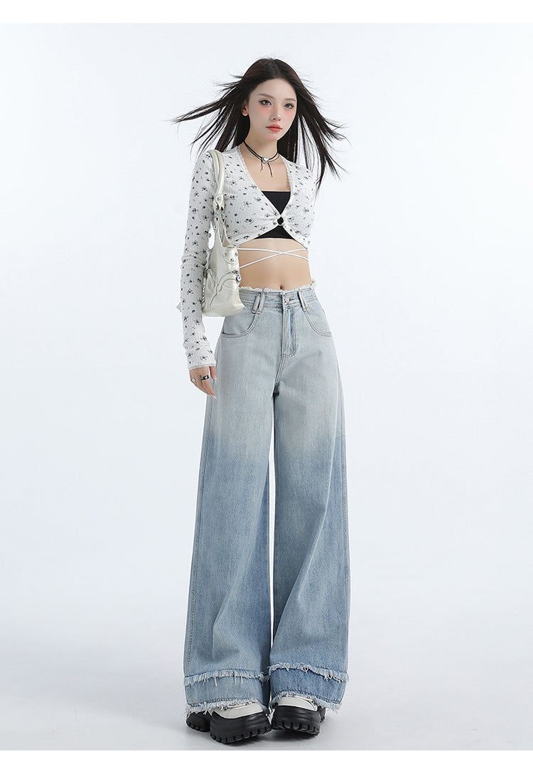 Gradient Blue Raw-Edge Wide-Leg Denim Pants