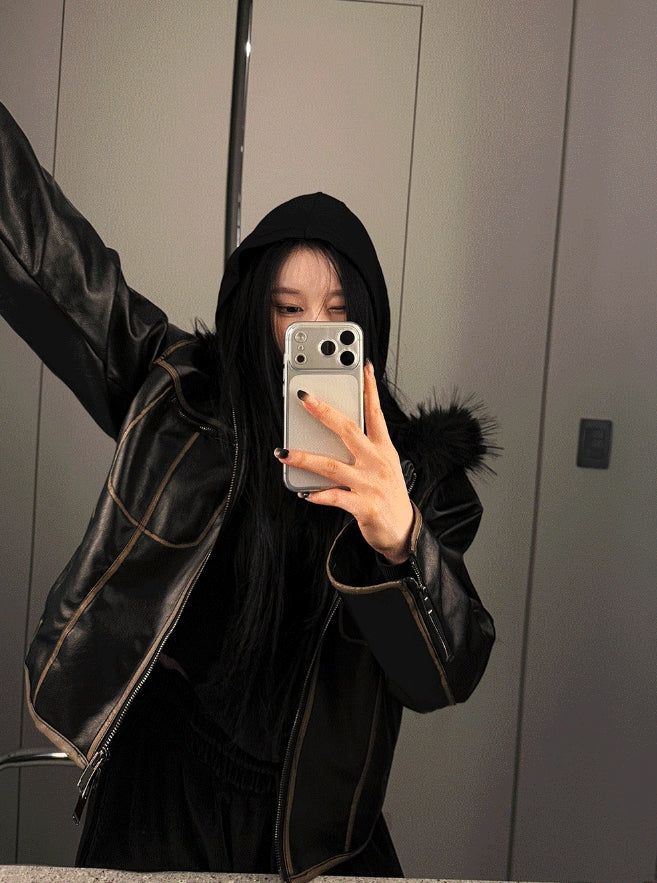 Vintage Noir Leather Zip-up