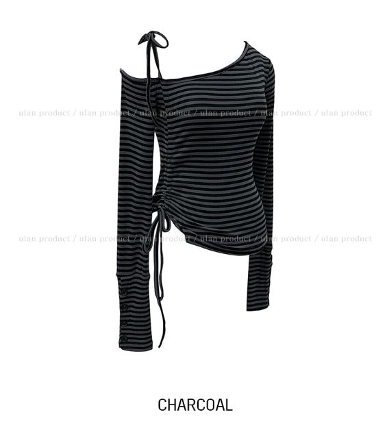 Delitte Stripe Unbalanced Shoulder Long Sleeve