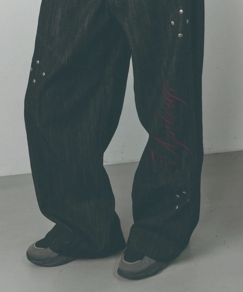 Side Pintuck Rivet Wide Denim Pants [Washed Black]