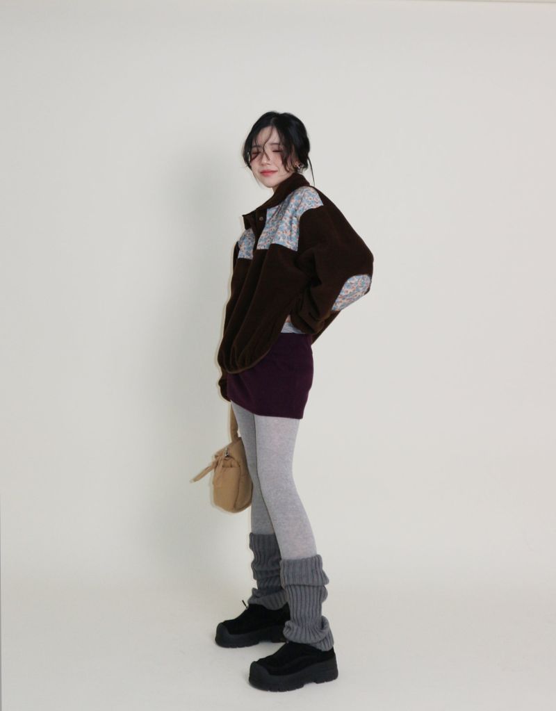 ファムフラワーパターンキルティングフリース長袖Tシャツ (Button Detail)