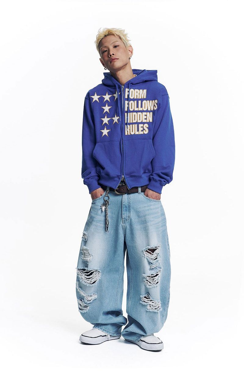 Star Lettering Patch Hoodie Zip-Up - Blue