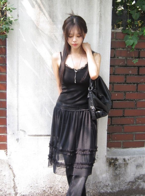 Chican Lace Frill Ribbed Slim Sleeveless