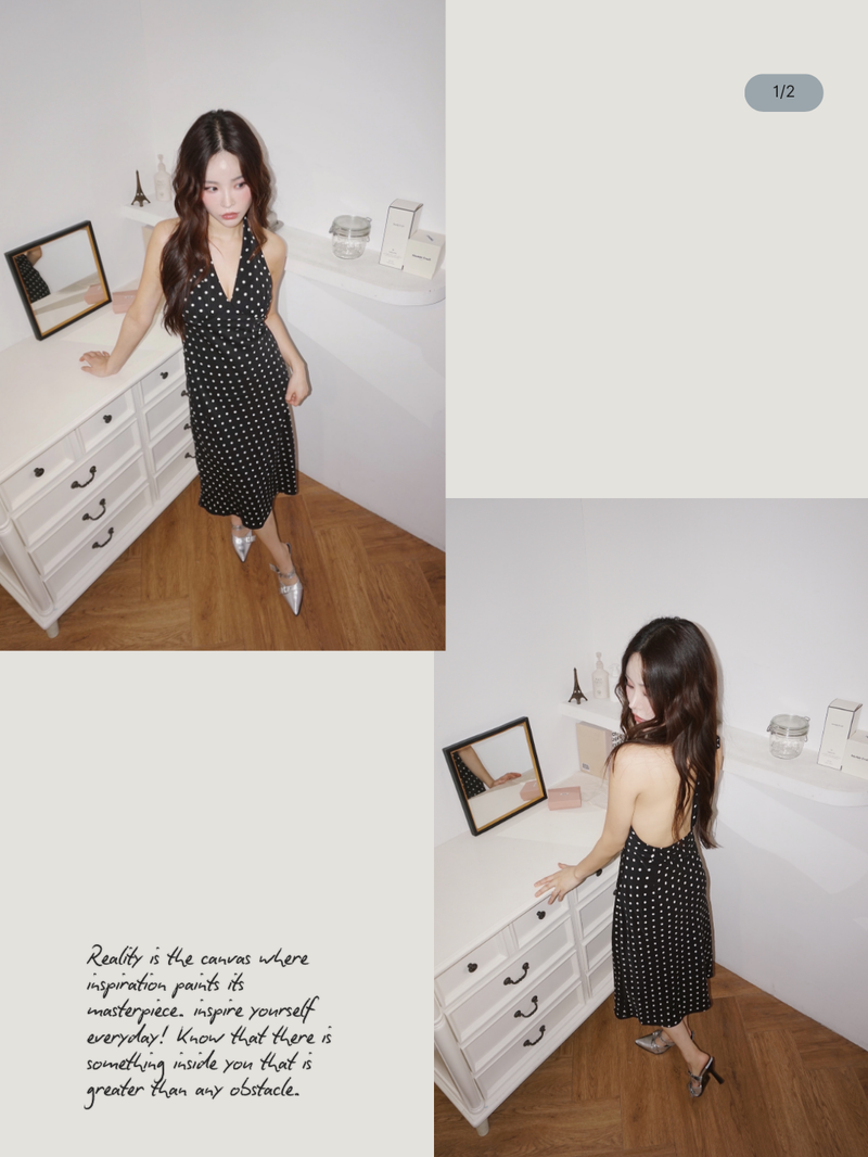 dot halter-neck sleeveless V-neck long dress