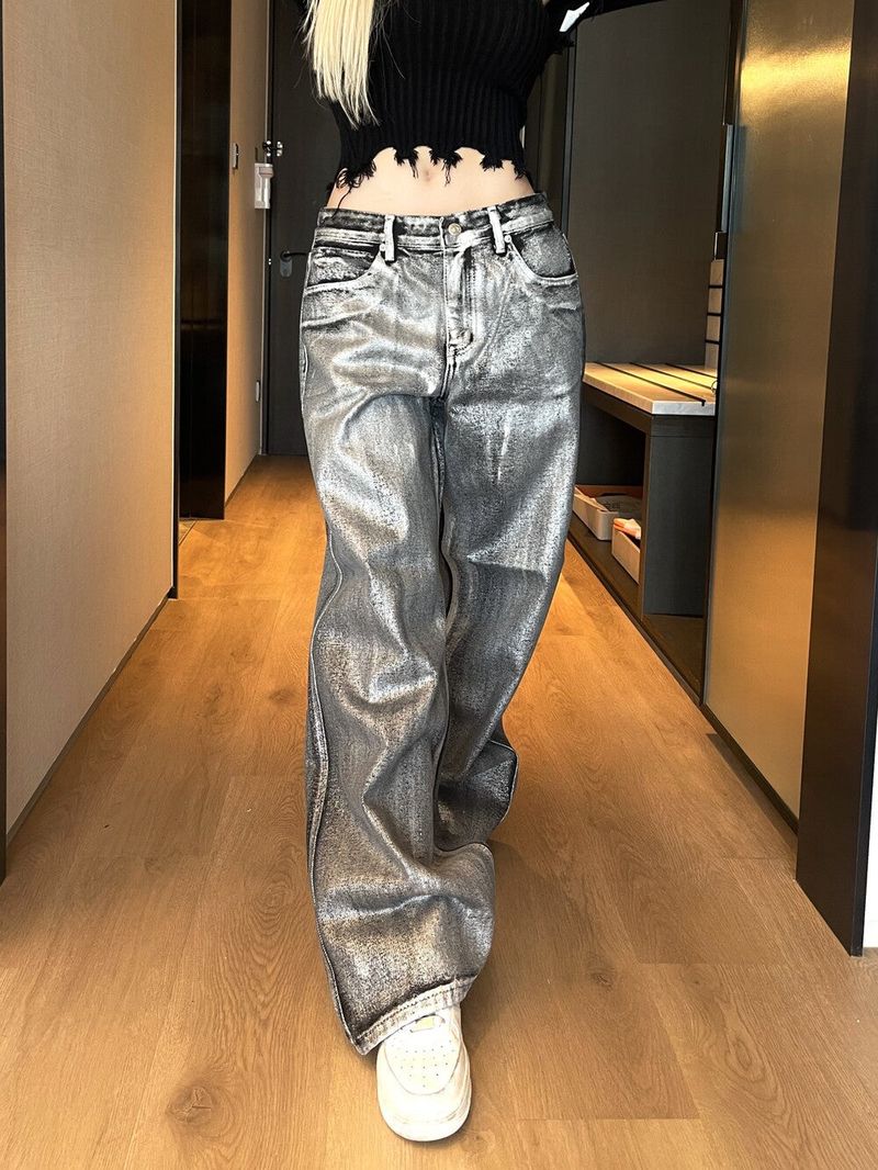  Silver coating denim low wide pt (2color)