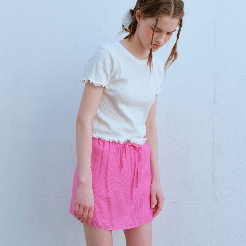 LACE HEM HALF SLEEVE TEE, WHITE
