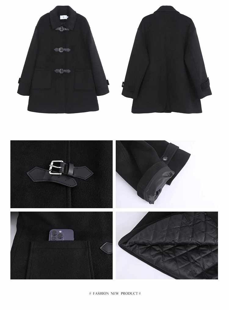 wool black collar buckle half coat