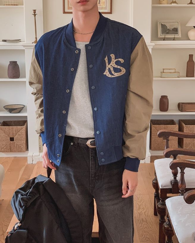 Barent Denim Color Matching Varsity Jacket