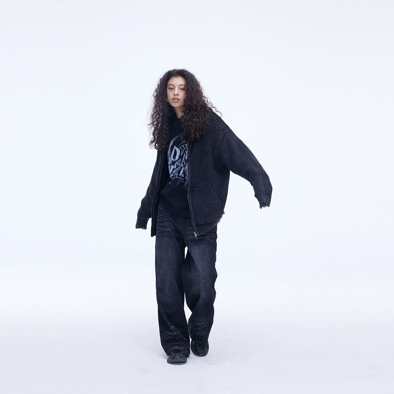 Double Knee Carpenter Wide Denim Pants Black