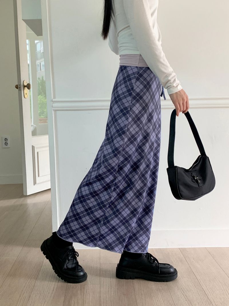 Shabin Vintage Y2K Check Pattern Ribbon Long Skirt