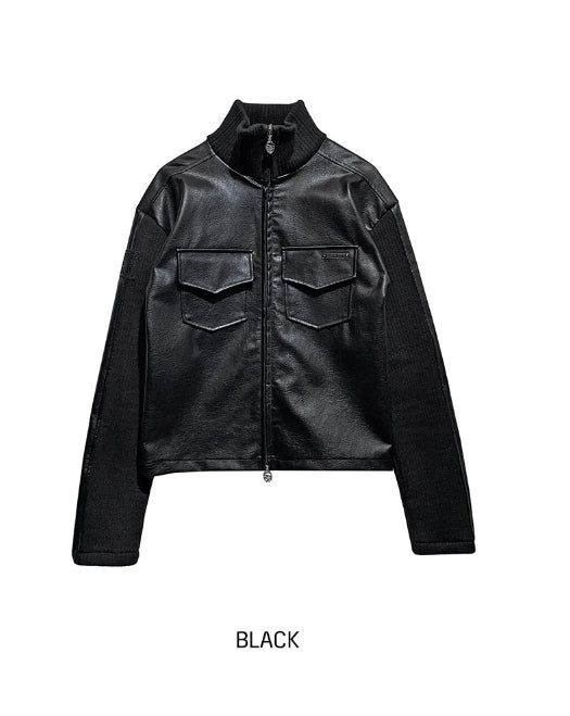 [LANARCH] Amber Leather Pocket Neck Zip-Up