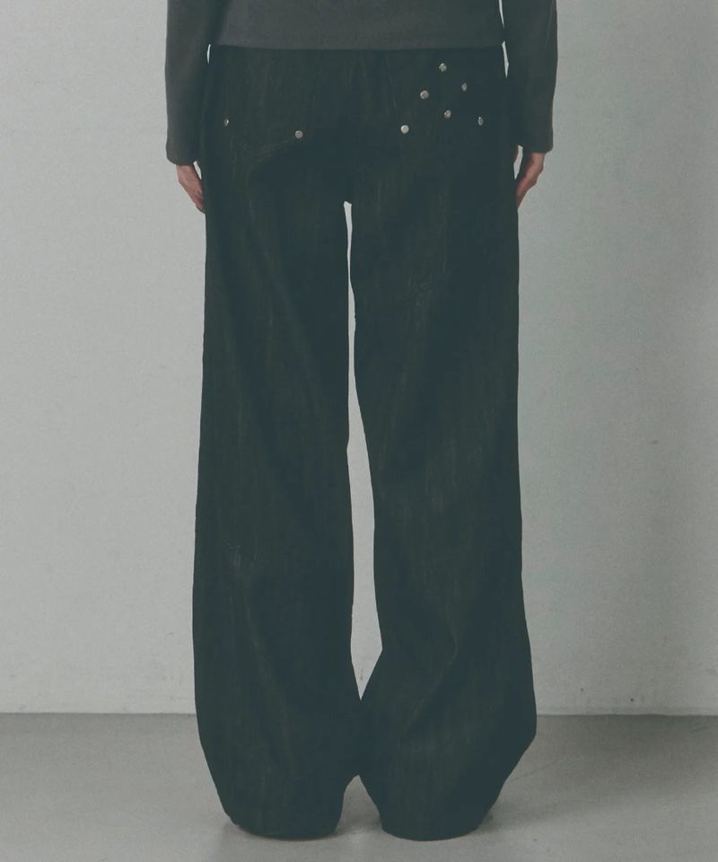 Side Pintuck Rivet Wide Denim Pants [Washed Black]