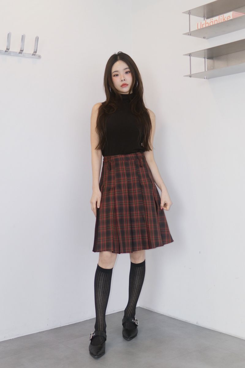Red Preppy Checkered Midi Pleats Skirt