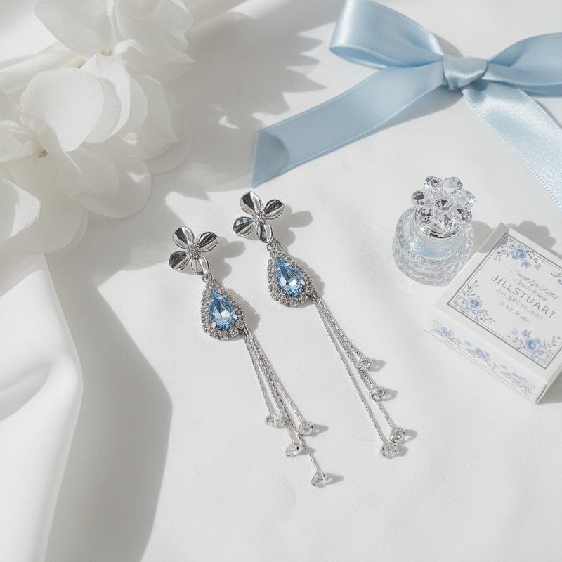Silver Flower and Teardrops Piercing - Light Sapphire