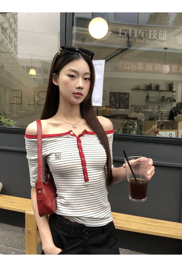 Red Line Stripe Off-Shoulder Top
